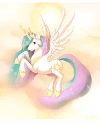 Size: 1006x1263 | Tagged: safe, artist:hioshiru, derpibooru import, princess celestia, alicorn, pony, crown, flying, hoof shoes, jewelry, looking at you, necklace, regalia, side view, solo, spread wings