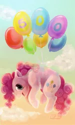 Size: 540x900 | Tagged: 500, artist:kaceymeg, balloon, derpibooru import, milestone, pinkie pie, safe, solo, then watch her balloons lift her up to the sky