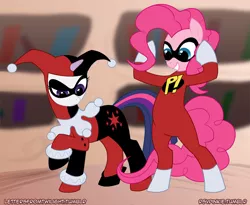 Size: 700x574 | Tagged: artist:peachiekeenie, artist:tarajenkins, batman, clothes, cosplay, costume, derpibooru import, freakazoid, harley quinn, pinkazoid, pinkie pie, safe, twilight sparkle