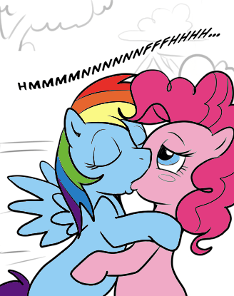 Size: 328x415 | Tagged: safe, artist:madmax, derpibooru import, pinkie pie, rainbow dash, colored, comic, eyes closed, female, kissing, lesbian, pinkiedash, shipping, wingboner