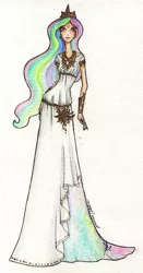 Size: 600x1141 | Tagged: artist:ladyamaltea, clothes, derpibooru import, humanized, princess celestia, safe, skinny, solo, traditional art