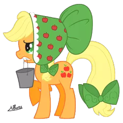 Size: 8400x8400 | Tagged: absurd resolution, applejack, artist:twiddlechimp, bonnet, bucket, derpibooru import, hair bow, mouth hold, ribbon, safe, simple background, solo, tail bow