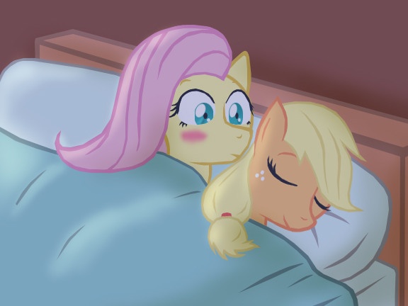 Size: 576x432 | Tagged: applejack, appleshy, artist needed, bed, blushing, derpibooru import, female, fluttershy, lesbian, missing accessory, safe, shipping, sleeping