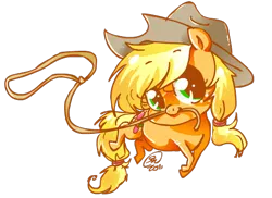 Size: 550x400 | Tagged: dead source, safe, artist:conphettey, derpibooru import, applejack, earth pony, pony, cute, female, freckles, hat, lasso, mare, mouth hold, simple background, solo, transparent background