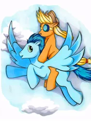 Size: 624x830 | Tagged: applejack, artist:cbs, derpibooru import, fanfic, fanfic:it's always sunny in fillydelphia, female, flying, male, ponies riding ponies, riding, safe, shipping, soarin', soarinjack, straight