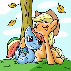 Size: 945x945 | Tagged: safe, artist:mast88, artist:megasweet, derpibooru import, applejack, rainbow dash, appledash, colored, female, hug, leaves, lesbian, shipping, tree