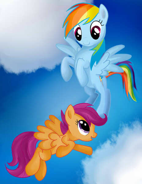 Size: 612x792 | Tagged: artist:pklove-chan, cloud, cloudy, derpibooru import, flying, g4, rainbow dash, safe, scootaloo, scootaloo can fly