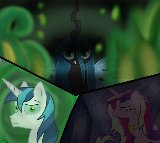 Size: 1680x1500 | Tagged: safe, artist:nostalgiagamerjs, derpibooru import, princess cadance, queen chrysalis, shining armor, alicorn, changeling, changeling queen, pony, unicorn, a canterlot wedding, bruised, crystal caverns, eyes closed, fangs, female, image, jpeg, looking at you, male, mare, mind control, reflection, show accurate, signature, slit eyes, stallion