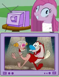 Size: 580x750 | Tagged: safe, derpibooru import, pinkie pie, pony, crossover, exploitable meme, happy happy joy joy, meme, pinkamena diane pie, ren and stimpy, tv meme