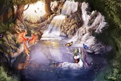Size: 1200x800 | Tagged: artist:ziom05, bathing, beautiful, butterfly, derpibooru import, detailed, outdoors, philomena, princess celestia, safe, scenery, technical advanced, tree, water, waterfall, water spring, wet mane
