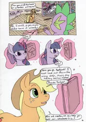 Size: 787x1114 | Tagged: safe, artist:feniiku, derpibooru import, applejack, spike, twilight sparkle, dragon, earth pony, pony, unicorn, comic:the discordance of star swirl, book, bookshelf, comic, female, golden oaks library, magic, magic aura, male, mare, simple background, speech bubble, telekinesis, unicorn twilight, white background