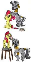 Size: 539x1075 | Tagged: artist needed, safe, derpibooru import, apple bloom, zecora, earth pony, pony, zebra, alternate hairstyle, apple bloom's bow, book, bow, brush, female, filly, hair bow, hair gel, hairbrush, mane, mare, mohawk, stool
