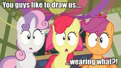 Size: 960x541 | Tagged: apple bloom, cutie mark crusaders, derpibooru import, hearts and hooves day, hearts and hooves day (episode), image macro, roflbot, safe, scootaloo, screencap, shocked, sweetie belle, we don't normally wear clothes