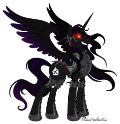 Size: 900x932 | Tagged: dead source, safe, artist:ex626akakeon, artist:sculpting-with-acid, derpibooru import, oc, oc:black stallion, unofficial characters only, alicorn, pony, alicorn oc, armor, artifact, glowing eyes, male, simple background, solo, spiked armor, spread wings, stallion, transparent background, wings