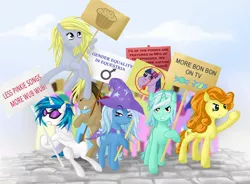 Size: 1166x860 | Tagged: safe, artist:v-invidia, derpibooru import, carrot top, derpy hooves, doctor whooves, golden harvest, lyra heartstrings, time turner, trixie, vinyl scratch, pegasus, pony, activist, female, gender equality, irony, mare, masculism, protest, sign, stallionism