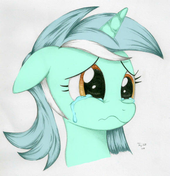 Size: 879x909 | Tagged: safe, artist:ayzuki, artist:codaulux, derpibooru import, lyra heartstrings, pony, unicorn, bust, colored, crying, female, mixed media, portrait, sad, solo, traditional art