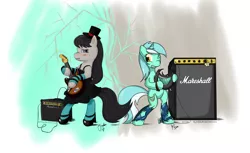 Size: 2860x1754 | Tagged: safe, artist:kiyoshiii, artist:osakaoji, derpibooru import, lyra heartstrings, octavia melody, earth pony, pony, unicorn, bipedal, clothes, crossover, dress, duo, guitar, hat, k-on, lyre, musical instrument