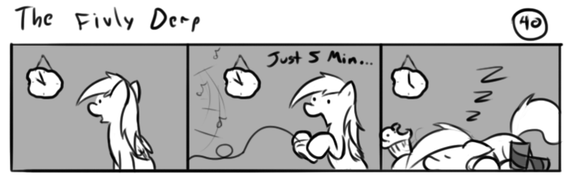 Size: 802x253 | Tagged: safe, artist:tetrapony, derpibooru import, derpy hooves, pegasus, pony, comic:the daily derp, comic, female, mare, monochrome, muffin, sleeping, the fivly derp, video game, zzz