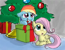 Size: 1022x778 | Tagged: safe, artist:thex-plotion, derpibooru import, fluttershy, rainbow dash, beautiful, christmas, christmas tree, duo, filly, filly fluttershy, filly rainbow dash, mouth hold, present, tree, younger