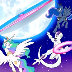 Size: 1000x1000 | Tagged: artist:madmax, crossover, derpibooru import, dragon ball z, frieza, moon, princess celestia, princess luna, safe