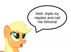 Size: 468x342 | Tagged: safe, derpibooru import, applejack, earth pony, pony, bust, dialogue, portrait, reaction image, simple background, solo, speech bubble, white background