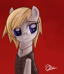 Size: 1920x2208 | Tagged: artist:cainescroll, aya brea, blonde, blue eyes, clothes, derpibooru import, gray coat, jewelry, necklace, parasite eve, ponified, red background, safe, simple background, vest