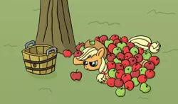 Size: 1232x724 | Tagged: safe, artist:muffinexplosion, derpibooru import, applejack, pony, apple, applebucking, applejack is not amused, basket, fail, pile, prone, solo, who's a silly pony