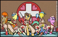 Size: 3500x2254 | Tagged: dead source, safe, artist:cordaxir, derpibooru import, doctor fauna, doctor horse, doctor muffin top, doctor stable, hippocrates, horse md, nurse coldheart, nurse redheart, nurse sweetheart, nurse tenderheart, earth pony, pony, unicorn, bipedal, clothes, crossover, cutie mark, doctor, eyes closed, gun, high res, medic, mouth hold, nurse, team fortress 2, vet, weapon