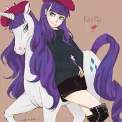 Size: 1000x1000 | Tagged: safe, artist:mamo, artist:まも, derpibooru import, rarity, horse, unicorn, beatnik rarity, bedroom eyes, beret, boots, clothes, earring, hat, heart, human ponidox, humanized, leaning, pixiv, pony sized pony, realistic, smiling, solo, sweater, turtleneck
