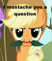 Size: 400x463 | Tagged: applejack, caption, derpibooru import, hub logo, leaf moustache, moustache, pun, safe, screencap, secret of my excess