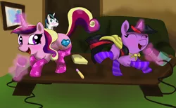 Size: 1300x800 | Tagged: artist:angelstar7, blushing, cape, clothes, derpibooru import, filly, karaoke, princess cadance, safe, shining armor, socks, striped socks, twilight sparkle