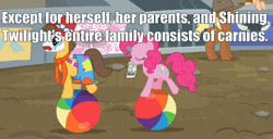 Size: 888x453 | Tagged: ball, caramel, clown, derpibooru import, edit, edited screencap, headcanon, image macro, meadow song, meta, mouth hold, peachy cream, pinkie pie, rodeo clown, safe, screencap, the last roundup, twilight sparkle