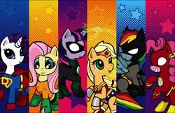 Size: 900x583 | Tagged: applejack, aquaman, artist:chiisai-suzume, batman, dc comics, derpibooru import, fluttershy, green lantern, green lantern corps, pinkie pie, rainbow dash, rarity, safe, superhero, superman, the flash, twilight sparkle, wonderjack, wonder woman