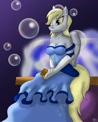 Size: 2541x3172 | Tagged: anthro, artist:collinscorpio, breasts, bubble, busty derpy hooves, clothes, derpibooru import, derpy hooves, dress, earring, female, fountain, gloves, gown, high res, jewelry, muffin, necklace, safe