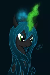 Size: 1000x1500 | Tagged: safe, artist:ppdraw, derpibooru import, queen chrysalis, changeling, changeling queen, blue background, bust, female, frown, glowing horn, horn, image, looking down, messy mane, png, signature, simple background, smiling, solo