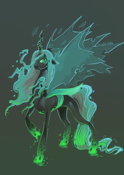 Size: 800x1130 | Tagged: safe, artist:outofkitchen, derpibooru import, queen chrysalis, changeling, changeling queen, fangs, female, floppy ears, gradient background, image, jpeg, lidded eyes, raised hoof, signature, slit eyes, smiling, solo, standing, wind, windswept mane