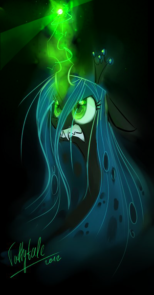 Size: 400x761 | Tagged: dead source, safe, artist:taffytale, derpibooru import, queen chrysalis, changeling, changeling queen, bust, fangs, female, floppy ears, frown, glowing eyes, glowing horn, gritted teeth, horn, image, looking up, magic, png, signature, solo