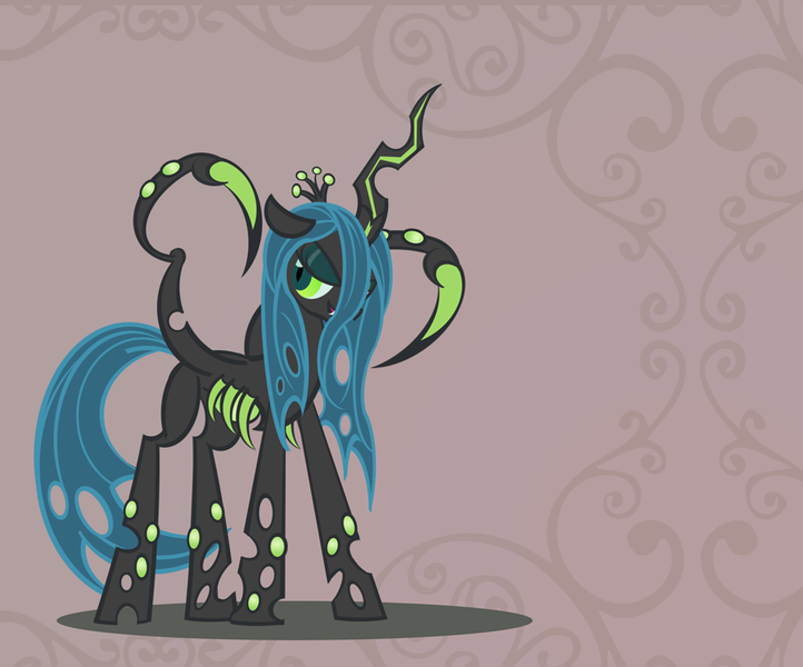 Size: 900x748 | Tagged: safe, artist:pixelkitties, derpibooru import, queen chrysalis, changeling, changeling queen, abstract background, dead space, extra limbs, female, image, lidded eyes, looking back, parody, png, ribs, slit eyes, smiling, solo