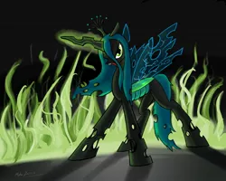 Size: 1280x1024 | Tagged: safe, artist:shieltar, derpibooru import, queen chrysalis, changeling, changeling queen, action pose, fangs, female, fire, frown, glowing horn, image, jpeg, looking at you, open mouth, signature, solo, standing