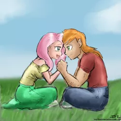 Size: 850x850 | Tagged: safe, artist:johnjoseco, artist:michos, derpibooru import, big macintosh, fluttershy, human, clothes, duo, female, fluttermac, holding hands, humanized, jeans, long skirt, looking at each other, male, pants, shipping, shoes, skirt, straight