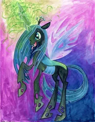 Size: 900x1162 | Tagged: safe, artist:colourbee, derpibooru import, queen chrysalis, changeling, changeling queen, abstract background, female, forked tongue, frown, glowing horn, image, jpeg, open mouth, rearing, slit eyes, smiling, solo, standing, tongue out