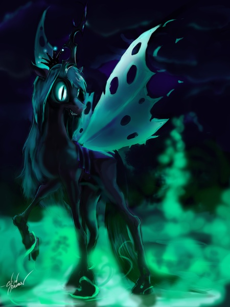 Size: 3000x4000 | Tagged: dead source, safe, artist:spaceweasel2306, derpibooru import, queen chrysalis, changeling, changeling queen, female, high res, image, jpeg, raised hoof, signature, slit eyes, solo, standing
