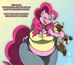 Size: 750x666 | Tagged: anthro, artist:muzz, bbw, belly button, breasts, cleavage, clothes, derpibooru import, fat, female, furry, fursona, hug, midriff, muffin top, oc, pinkie pie, safe, size difference