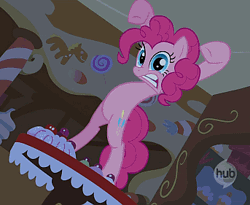 Size: 343x281 | Tagged: animated, bipedal, breathing, bridle gossip, cropped, derpibooru import, evil enchantress, hub logo, pinkie pie, safe, screencap, solo, watch out