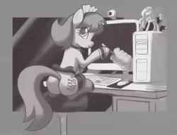 Size: 1000x762 | Tagged: artist:mew, bow, choker, clothes, computer, derpibooru import, duster, dusting, female, looking back, maid, monochrome, oc, oc:binary cloud, plot, princess celestia, rule 63, sitting, smiling, solo, solo female, stockings, stool, suggestive