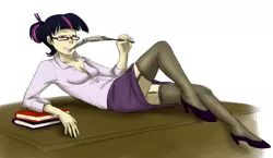Size: 1006x583 | Tagged: artist:cartoonlion, breasts, clothes, dead source, derpibooru import, female, glasses, humanized, librarian, panties, skirt, solo, solo female, stockings, suggestive, sultry pose, twilight sparkle, underwear, upskirt