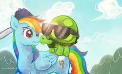 Size: 2000x1214 | Tagged: artist:copygeijutsuka, backwards ballcap, baseball cap, cap, derpibooru import, hat, lens flare, rainbow dash, safe, sunglasses, tank