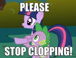 Size: 500x383 | Tagged: safe, derpibooru import, edit, edited screencap, screencap, spike, twilight sparkle, dragon, pony, unicorn, caption, clopping, female, image macro, implied masturbation, male, mare