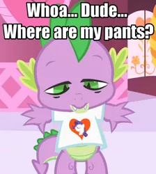Size: 446x498 | Tagged: artist:johnpony, bottomless, clothes, derpibooru import, high, image macro, safe, solo, spike, stoner spike, t-shirt, we don't normally wear clothes