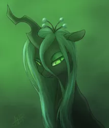 Size: 600x700 | Tagged: safe, artist:skippyrip, derpibooru import, queen chrysalis, changeling, changeling queen, abstract background, bust, female, floppy ears, image, lidded eyes, looking down, png, sad, signature, slit eyes, solo